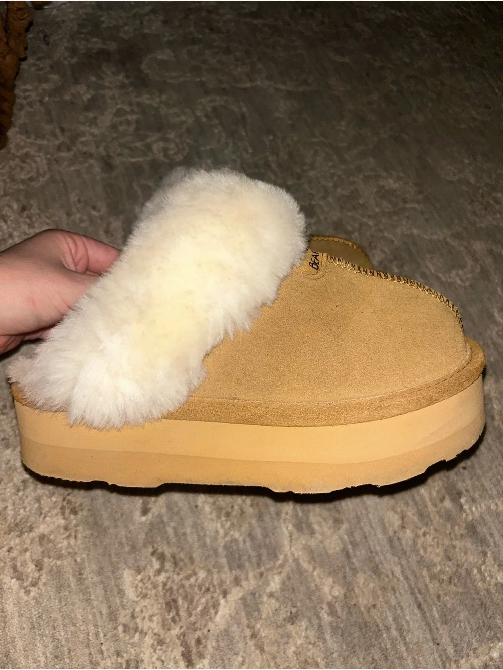 BearPaw Women's Suede Platform Slippers in Chestnut with Cream Shearling - Picture 4 of 4